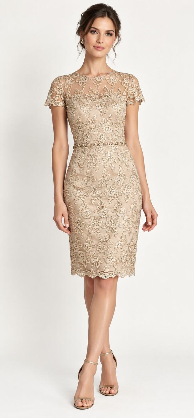 David Meister BHLDN Gold Metallic Lace Sheath Dress Beaded Womens Size 14 Formal